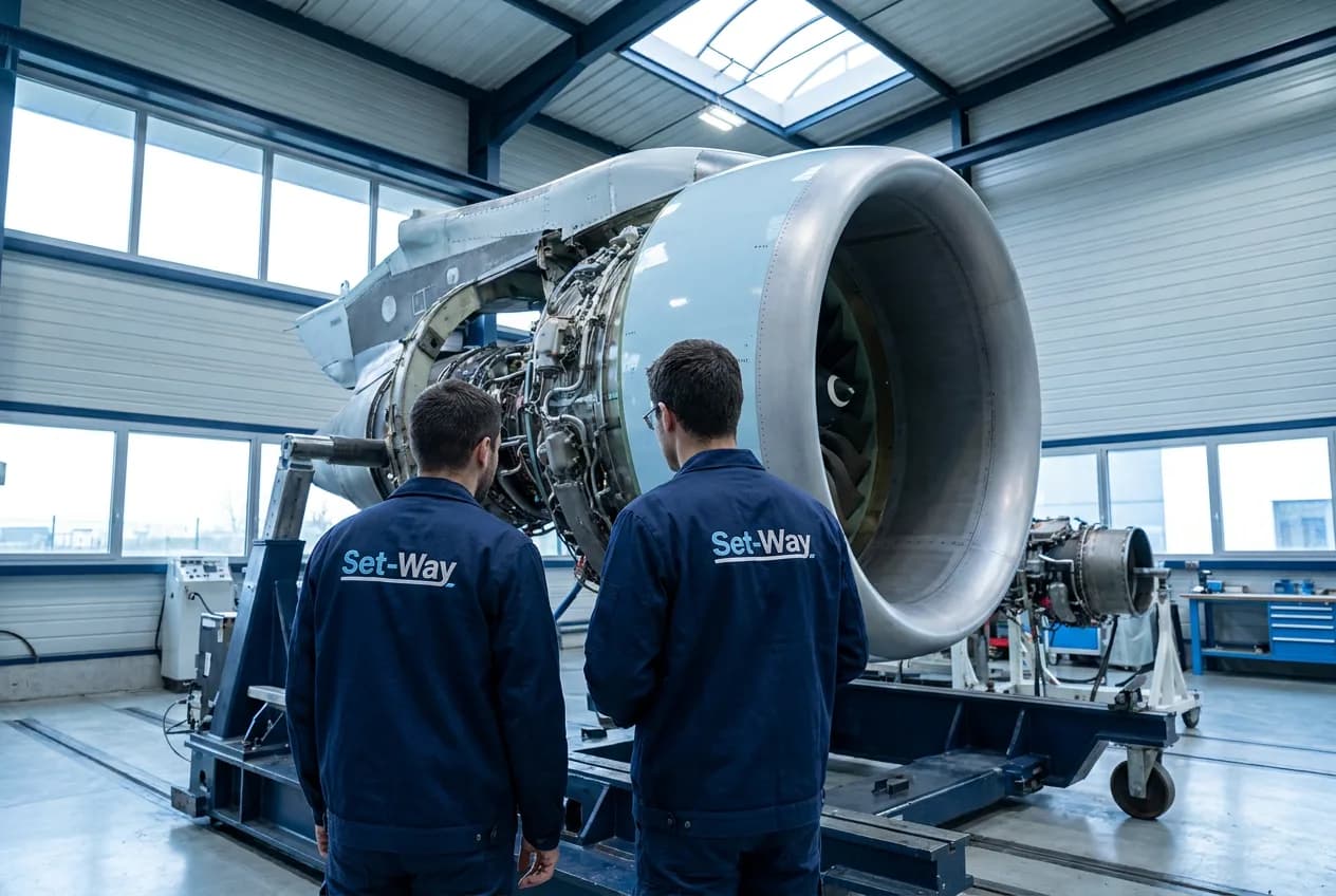 Deux ingénieurs en veste Set-Way devant une nacelle de réacteur en cours d'inspection