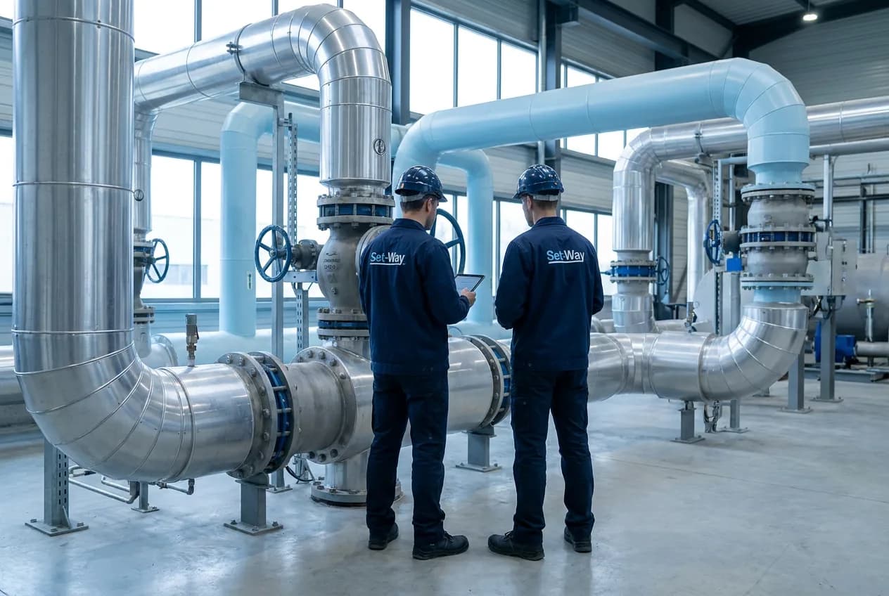 Deux ingénieurs Set-Way contrôlent une vanne sur des canalisations de centrale