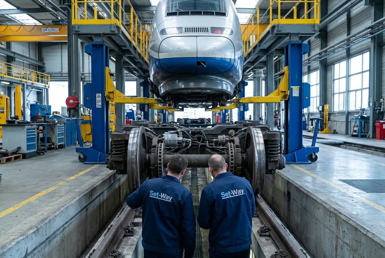 Deux ingénieurs Set-Way inspectent un bogie de train depuis la fosse d'un atelier de maintenance