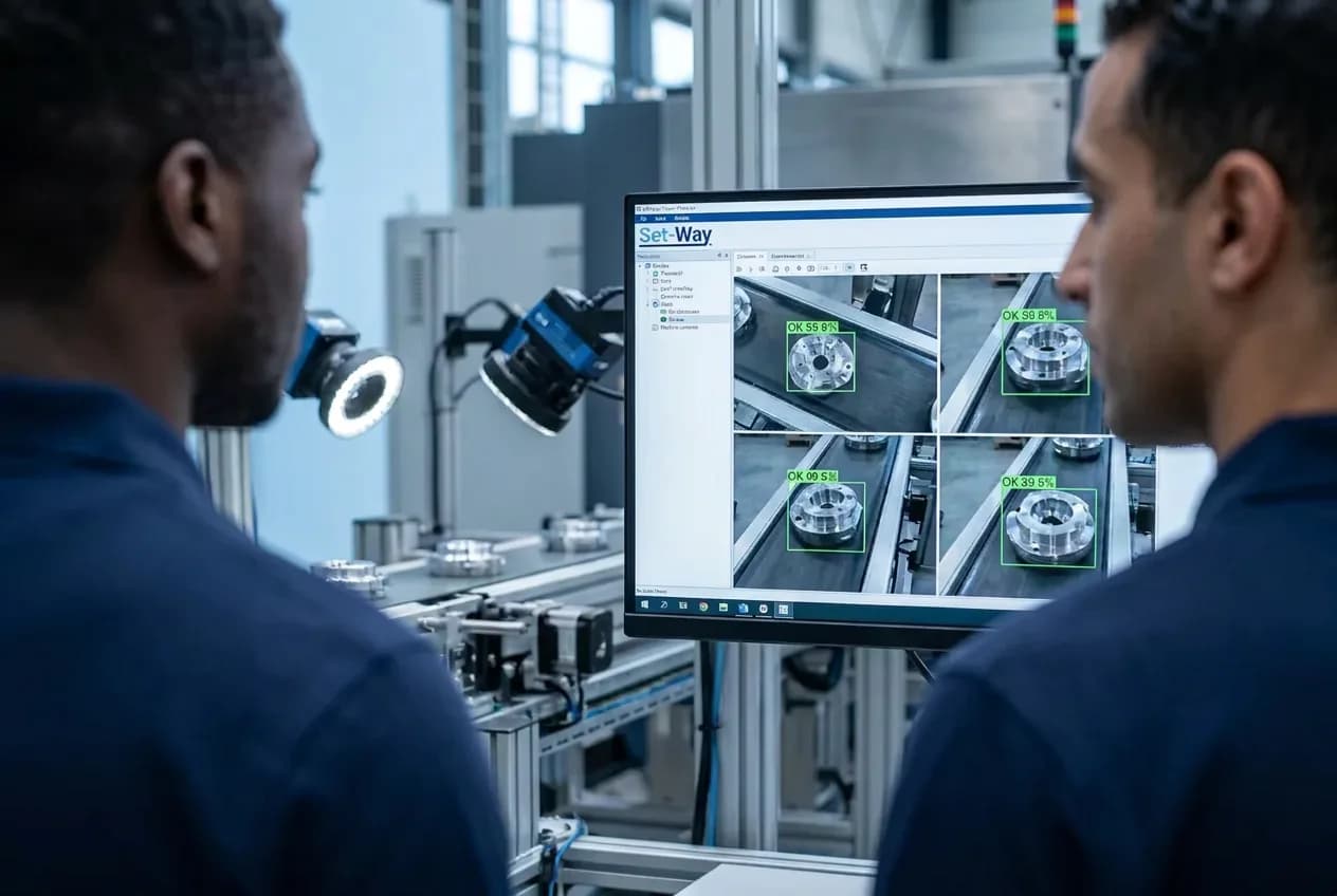 Logiciel de vision industrielle Set-Way détectant des pièces usinées sur une ligne de production