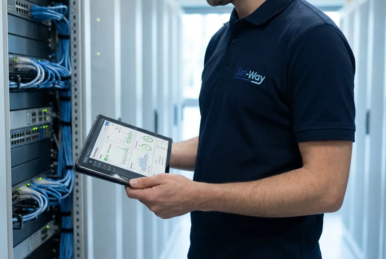 Ingénieur en polo Set-Way consultant un tableau de supervision réseau dans un centre de données